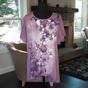 Faded Glory XXL 20 Floral Print Purple Shirt with Bling and Ruffle Sleeves